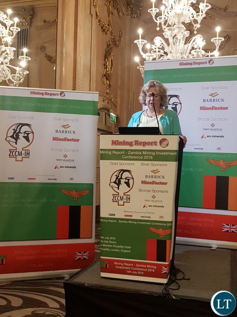British Prime Minister’s Trade Envoy to Zambia, Baroness Lindsay Northover giving her opening remarks at the Zambia Mining Investment conference 2018.