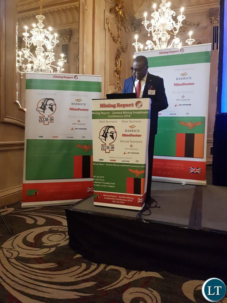 Zambia's High Commissioner to the United Kingdom His Excellency Mr. Muyeba Chikonde officiating at the Zambia Mining and Investment conference 2018.