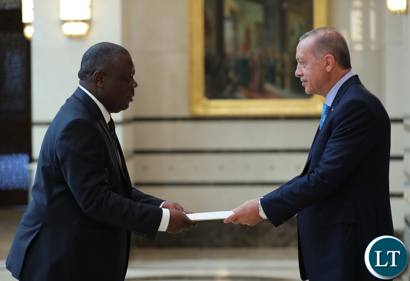 Zambia's Ambassador to the Republic of Turkey, Mr Joseph Chilengi presents letters of credence to Turkish President Recep Tayyip Erdogan at the Presidential Complex