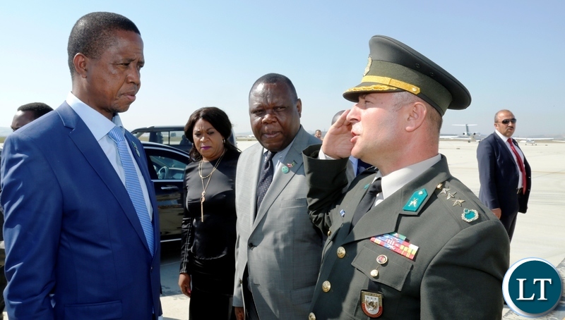 President Edgar Chagwa Lungu (left) being saluted by a Turkish Defence official (right) before departure at Ankara Esenboga Airport in Turkey on Tuesday, July 10, 2018. President Lungu was in Ankara,Turkey for the inauguration of the Turkish President Recep Tayyip Erdo?an. PICTURE BY SALIM HENRY/STATE HOUSE ©2018