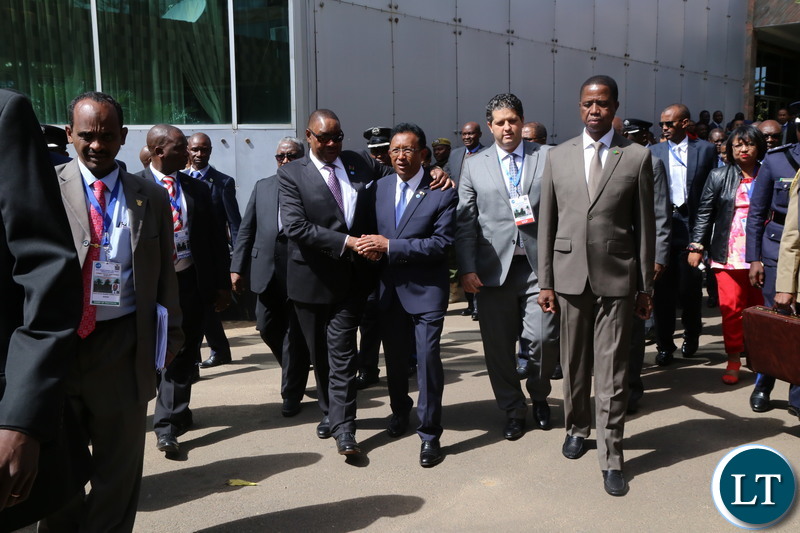 President Edgar Lungu flanked by Madagascar President Mr.Hery Rajaonarimampianina after the official opening of the 20th Summit of the Comesa Heads of State and Government in Lusaka