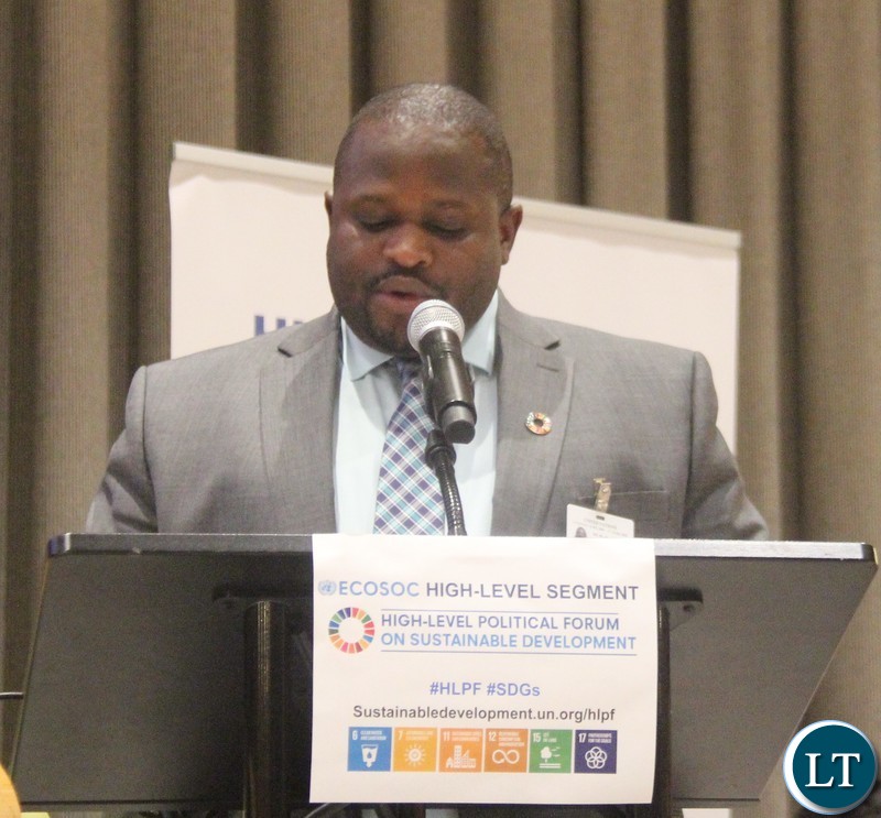 Minister of National Development Planning, Honourable Alexander Chiteme addressing Member States at the ongoing United Nations (UN) High Level Political Forum (HLPF) on Sustainable Development themed: “Transformation towards sustainable and resilient societies.” Picture courtesy of Zambia Mission/WALLEN SIMWAKA