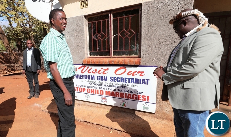 President Edgar Lungu with Chief Madzimawe at the chiefdom GBV Secretariat in Kasenengwa District in Eastern Province on Friday