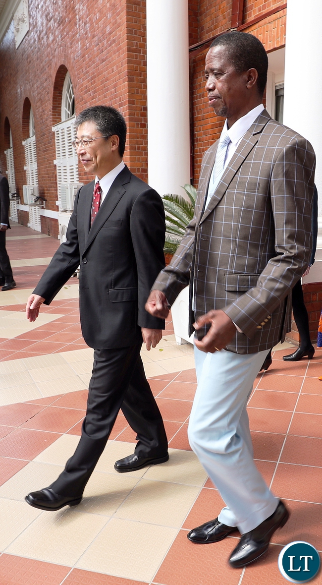 President Edgar Lungu with Chinese Ambassador to Zambia Mr Li Jie shortly after presentation of credentials house A08I8353