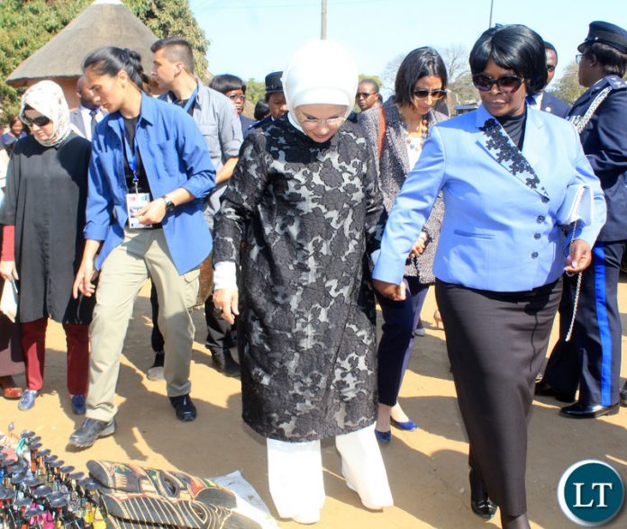 IRST Lady Esther Lungu (r) with her Turkish counterpart Emine Erdogan during a visit at the Kabwata Cultural Village in Lusaka on 28/7/2018.Pictures By Angela Ntentabunga.