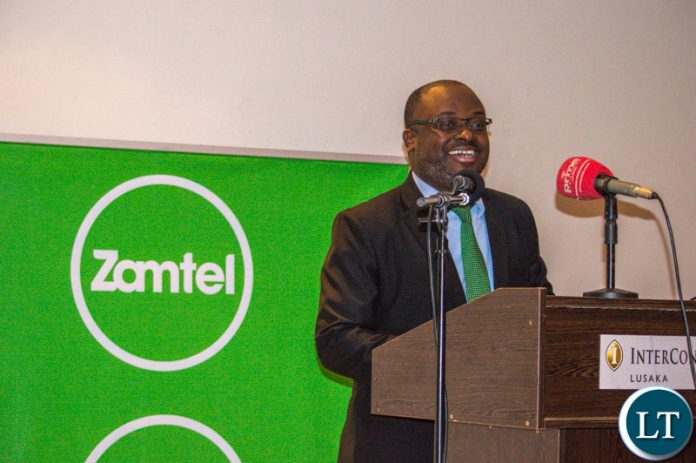 Zamtel CEO Sydney Mupeta speaking during a cocktail party at Intercontinetal Hotel, Lusaka.
