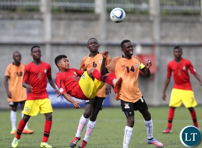 Dalio Profeta Magaia of Mozambique challenged by Alex Miyanda Mwiinga of Zambia during the 2018 Cosafa Under 17 Youth Championships football match between Zambia and Mozambique at the Francois Xavier Stadium in Port Louis, Mauritius on 19 July 2018 ©Gavin Barker/BackpagePix Dalio Profeta Magaia of Mozambique challenged by Alex Miyanda Mwiinga of Zambia during the 2018 Cosafa Under 17 Youth Championships football match between Zambia and Mozambique at the Francois Xavier Stadium in Port Louis, Mauritius on 19 July 2018 ©Gavin Barker/BackpagePix