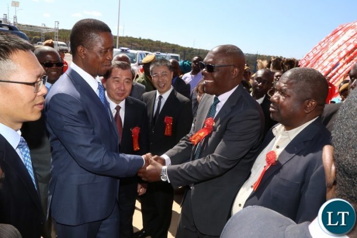 President Edgar Lungu being welcomed by Chongwe Mayor Geoffrey Chumbwe at the official opening of the China National Building Material Zambia Industry Plant in Chongwe District President Edgar Lungu being welcomed by Chongwe Mayor Geoffrey Chumbwe at the official opening of the China National Building Material Zambia Industry Plant in Chongwe District