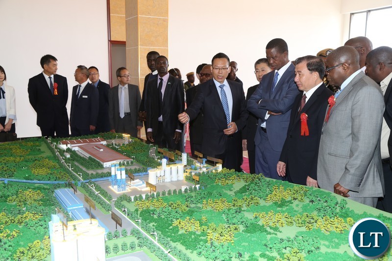 President Edgar Lungu with Sinoma Chairman LIU Zhijiang tours the Plant before the official opening of the China National Building Material Zambia Industry Plant in Chongwe District
