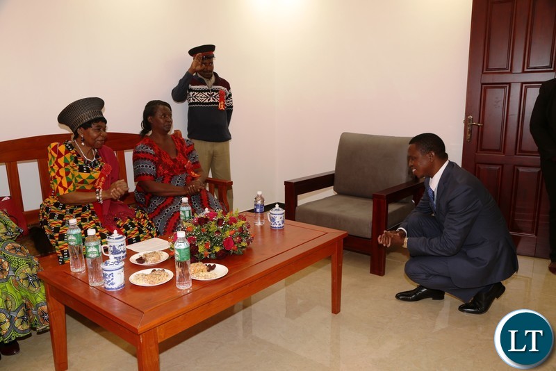 President Edgar Lungu greets Chieftaniss Nkomeshya Mukamambo II before the official opening of the China National Building Material Zambia Industry Plant in Chongwe District