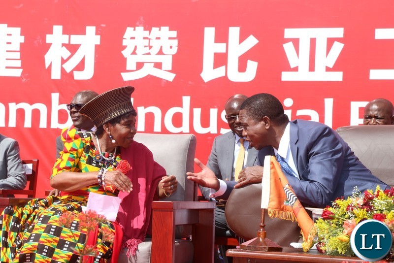 President Edgar Lungu confers with Chieftaniss Nkomeshya Mukamambo II after the official opening of the China National Building Material Zambia Industry Plant in Chongwe District