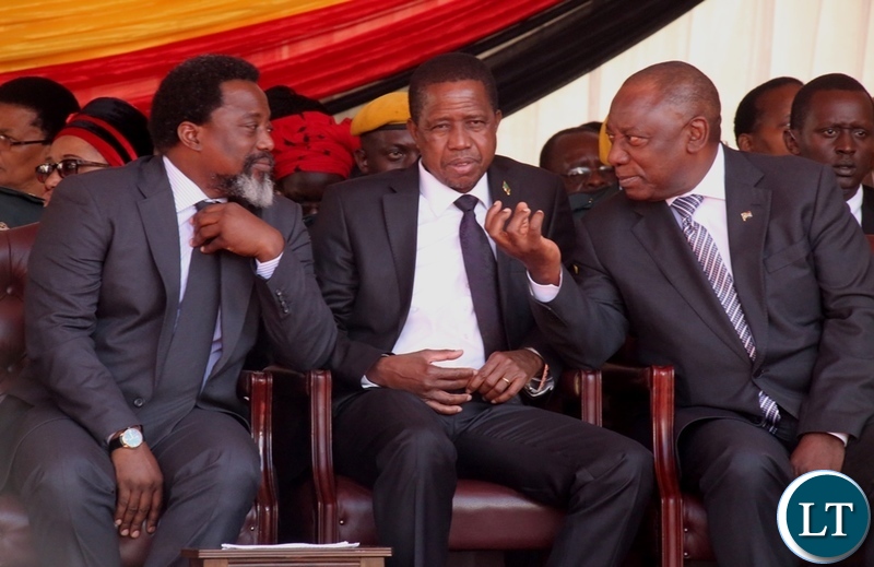 Congo DR President Joseph Kabila, President Edgar Lungu and South African President Cyril Ramaposa chats shortly before President Emmerson Mnangagwa inauguration ceremony