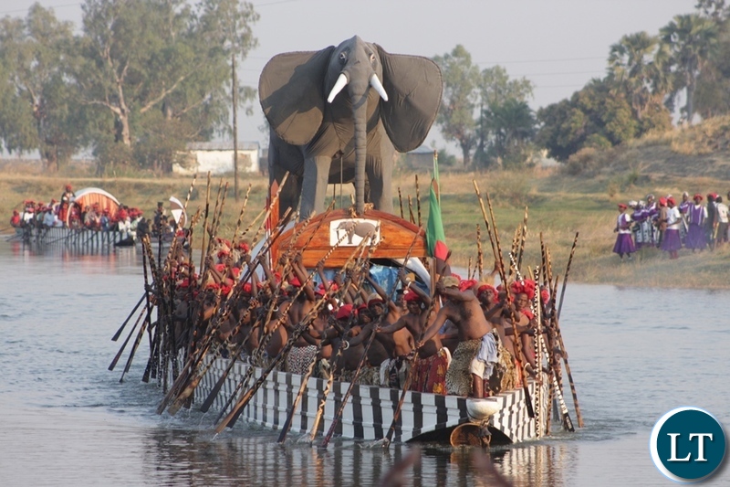 The Nalikwanda Royal Boat arrives at Lealui Royal Palace during the 2018 Kufuluhela Ceremony when the Litunga travels back to the Lealui Royal Palace in plains in Mongu