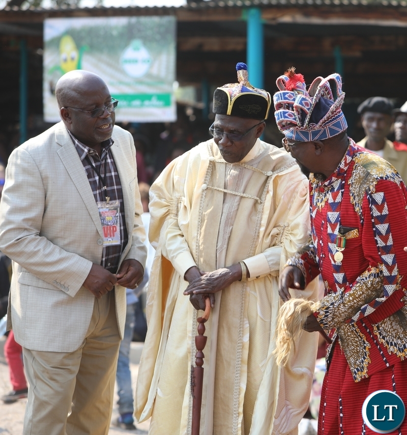 Paramount Chief Chitimukulu of the Bemba people (Middle), Chief Luchembe of the Bemba people (left) with Senior Chief Kanongesha of the Lunda people at this year's Likumbi Lya Mize Traditional Ceremony in Zambezi District on Saturday, August 25, 2018 - Pictures By Godfrey Chikumbi/ZANIS