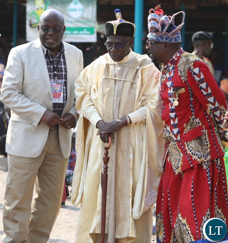 Paramount Chief Chitimukulu of the Bemba people (Middle), Chief Luchembe of the Bemba people (left) with Senior Chief Kanongesha of the Lunda people at this year's Likumbi Lya Mize Traditional Ceremony in Zambezi District on Saturday, August 25, 2018 - Pictures By Godfrey Chikumbi/ZANIS