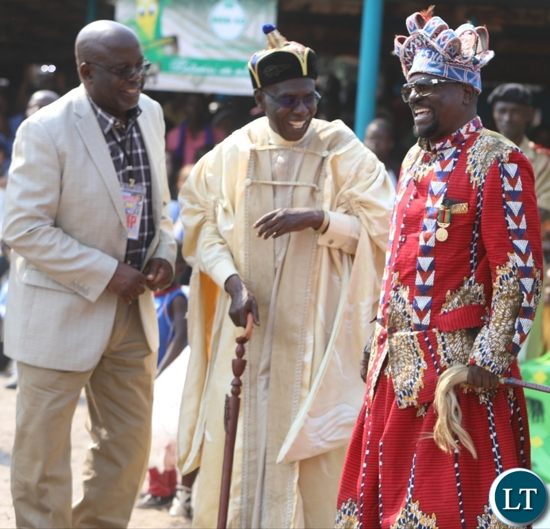 Paramount Chief Chitimukulu of the Bemba people (Middle), Chief Luchembe of the Bemba people (left) with Senior Chief Kanongesha of the Lunda people at this year's Likumbi Lya Mize Traditional Ceremony in Zambezi District on Saturday, August 25, 2018 - Pictures By Godfrey Chikumbi/ZANIS