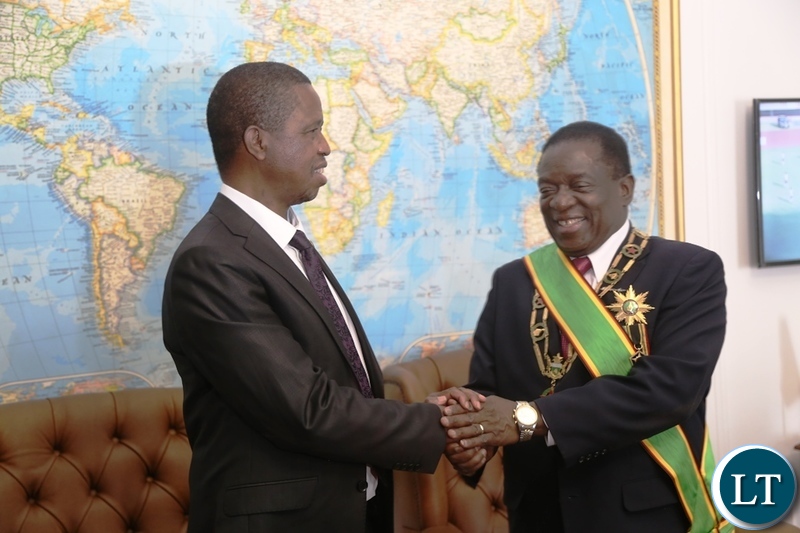 President Edgar Lungu congratulates President Emmerson Mnangagwa shortly after his inauguration ceremony