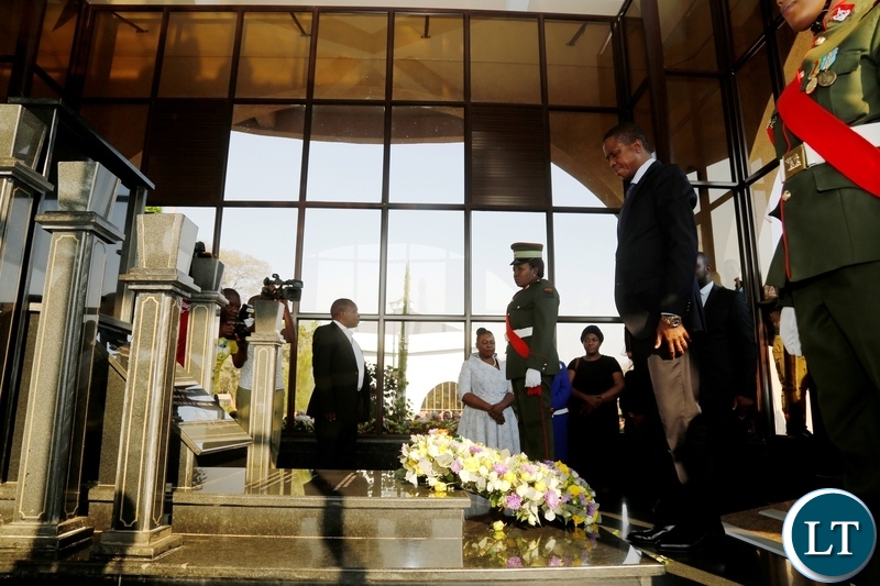 President Edgar Chagwa Lungu (right) lays wreaths on the gravesite of the late third Republican President Levy Patrick Mwanawasa during the tenth Memorial Service at Embassy Memorial Park on Sunday, August 19,2018. PICTURE BY SALIM HENRY/STATE HOUSE ©2018