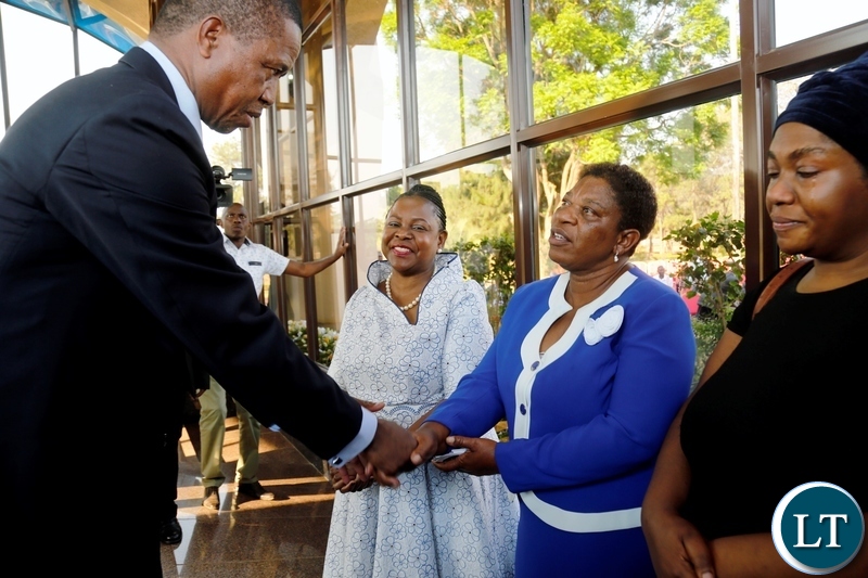 President Edgar Chagwa Lungu (left) greets Evelyn Mwanawasa, sister of the late third Republican President Levy Patrick Mwanawasa during the tenth Memorial Service at Embassy Memorial Park on Sunday, August 19, 2018. PICTURE BY SALIM HENRY/STATE HOUSE ©2018