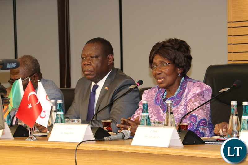 Vice-President Inonge Wina with Zambia’s Ambassador to the Republic of Turkey, Mr Joseph Chilengi during a bilateral meeting with TIKA President, Dr Serdar Cam in Ankara today-Picture by JERRY MUNTHALI