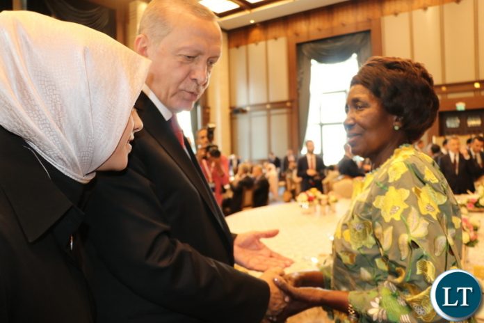 Turkish President Recep Tayyip Erdogan confers with Vice-President Inonge Wina at the Presidential Palace in Ankara on Saturday-Picture by KUNDA MANDO Turkish President Recep Tayyip Erdogan confers with Vice-President Inonge Wina at the Presidential Palace in Ankara on Saturday-Picture by KUNDA MANDO