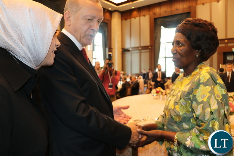 Turkish President Recep Tayyip Erdogan confers with Vice-President Inonge Wina at the Presidential Palace in Ankara on Saturday-Picture by KUNDA MANDO