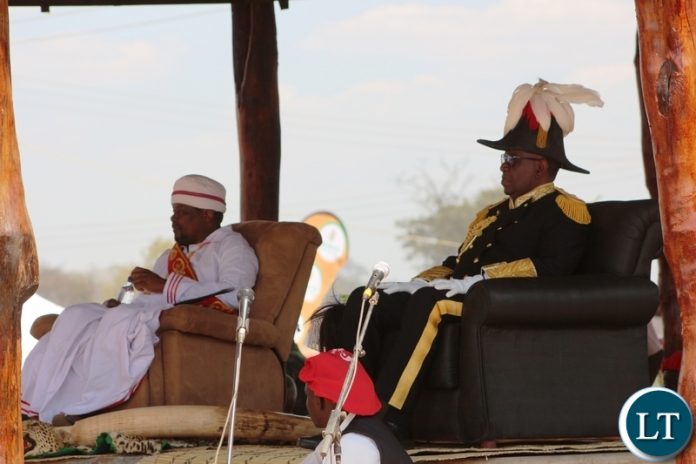 PARAMOUNT Chief Gawa Undi of the Chewa people in Zambia, Malawi and Mozambique and his guest of honour, Litunga, Lubosi Imwiko the second, of the Lozi people in Western Province, during this year’s Kulamba traditional ceremony of the Chewa in Katete. PICTURE BY STEPHEN MUKOBEKO PARAMOUNT Chief Gawa Undi of the Chewa people in Zambia, Malawi and Mozambique and his guest of honour, Litunga, Lubosi Imwiko the second, of the Lozi people in Western Province, during this year’s Kulamba traditional ceremony of the Chewa in Katete. PICTURE BY STEPHEN MUKOBEKO