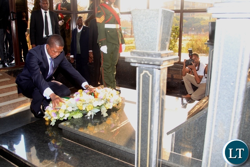 President Edgar Lungu lays a wreath on the grave of the late republican president His Excellency Dr Levy Patrick Mwanawasa at Memorial Park