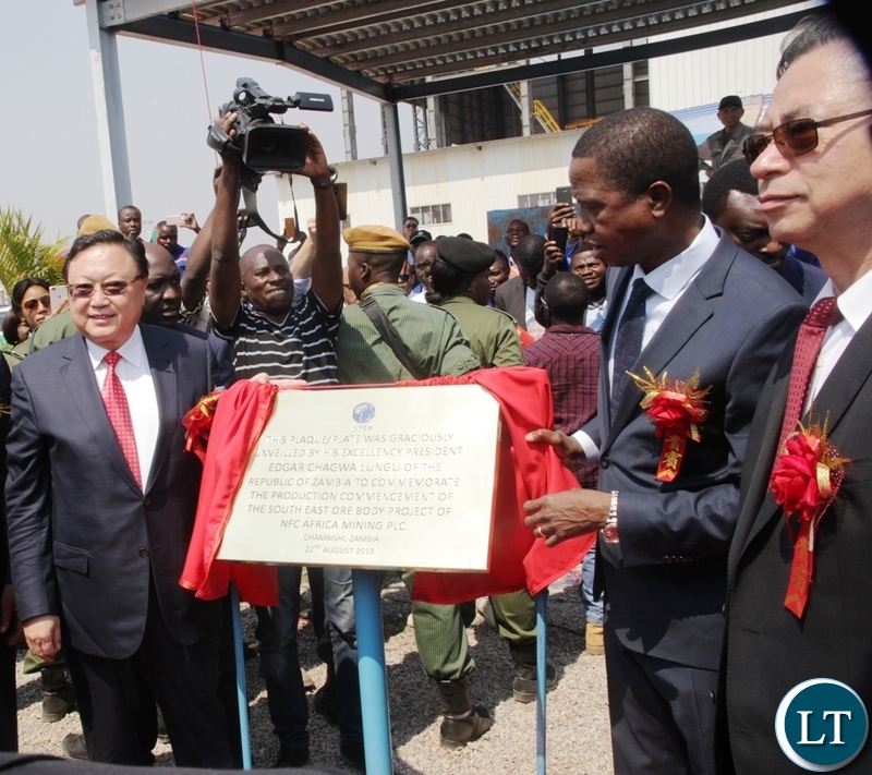 President Edgar Lungu unveiling the plaque to officially commission the NFCA mining project in Chambishi