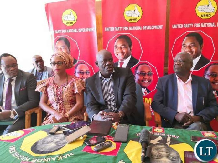 PF Secretary General Davies Mwila speaking during a joint media briefing with the UPND leadership at the UPND Secretariat