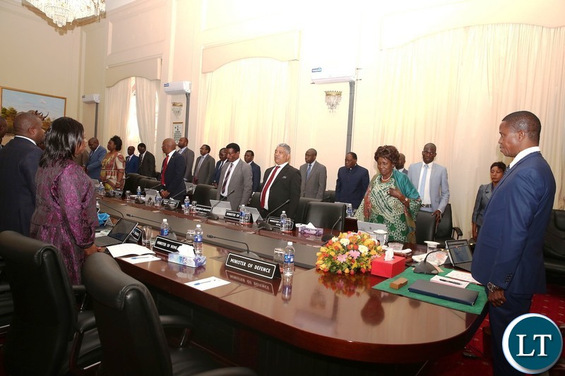 President Edgar Chagwa Lungu with Vice-President Inonge Wina shortly before Cabinet meeting at State House on Monday, August 13,2018-Picture by THOMAS NSAMA