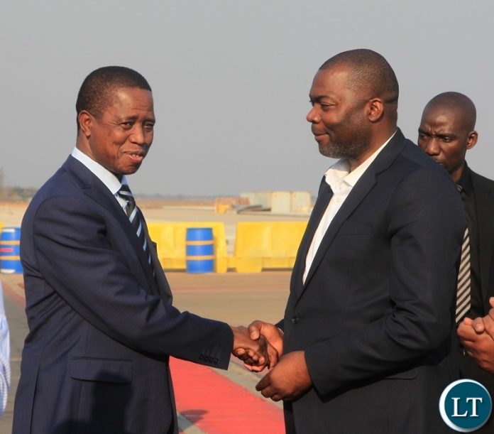 President Edgar Lungu is welcomed by Lusaka Province Minister Bowman Lusambo on arrival at the Kenneth Kaunda International Airport from attending the SADCC summit in Windhoek Namibia