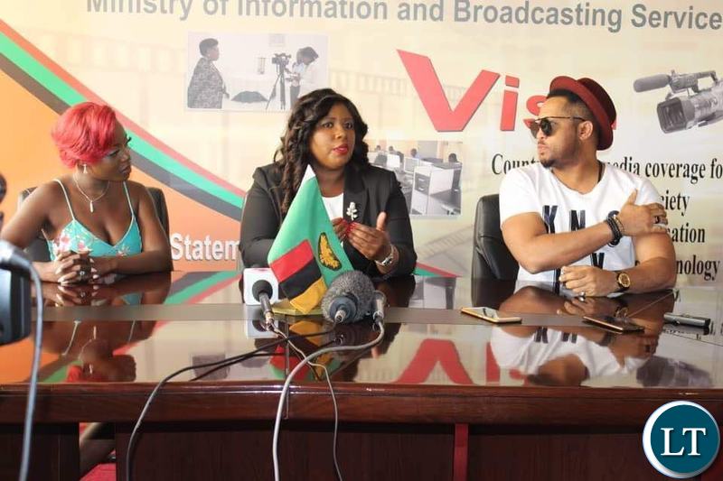 Minister of Information and Broadcasting Services who is Chief Government Spokesperson Dora Siliya t with popular with Nigerian Actor Mike Ezuruonye at her office