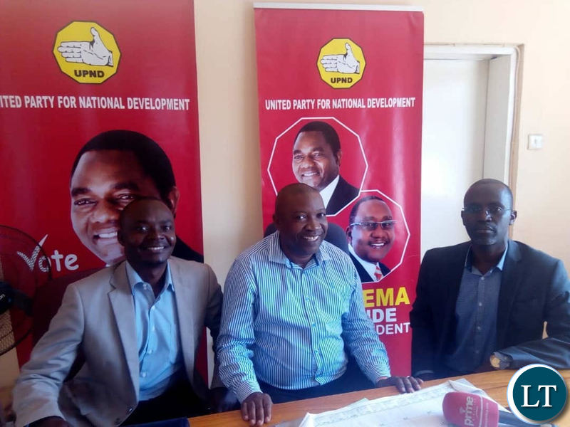 UPND Deputy General Secretary Patrick Mucheleka and Chairman for Agriculture Levy Ngoma unveiling Dr Banda at the UPND secretariat