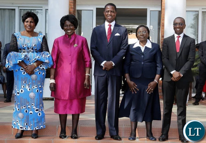 President Lungu and Vice President Inonge Wina pose for a photo with new Gender Minister Elizabeth Phiri at State House