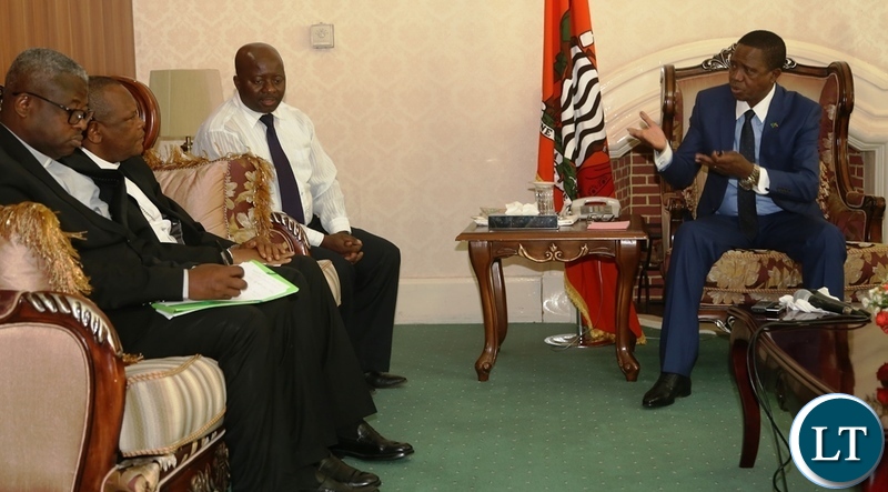 President Edgar Lungu welcomes Vice Chair of the Conference of Catholic Bishops of Democratic Republic of Congo Bishop Fridolin Ambongo and Secretary General of the Conference of Catholic Bishops of Democratic Republic of Congo Bishop Donatien Nshole at State House