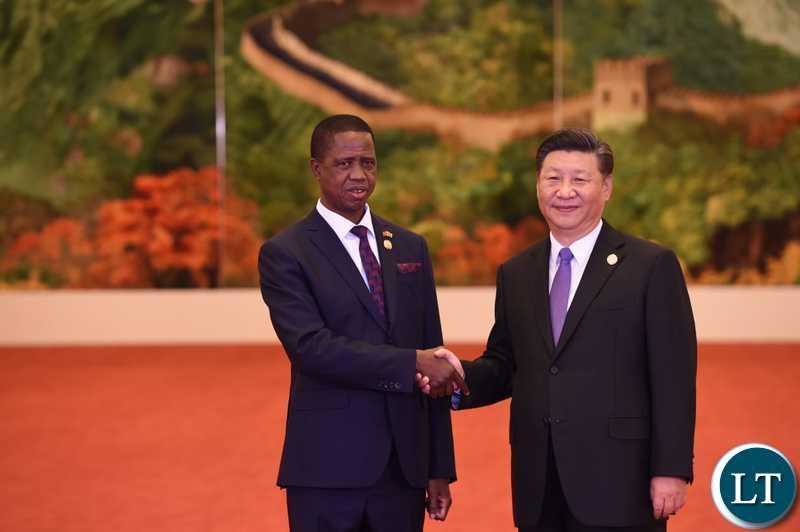 President Lungu shaking hands with Chinese president, Xi Jinping