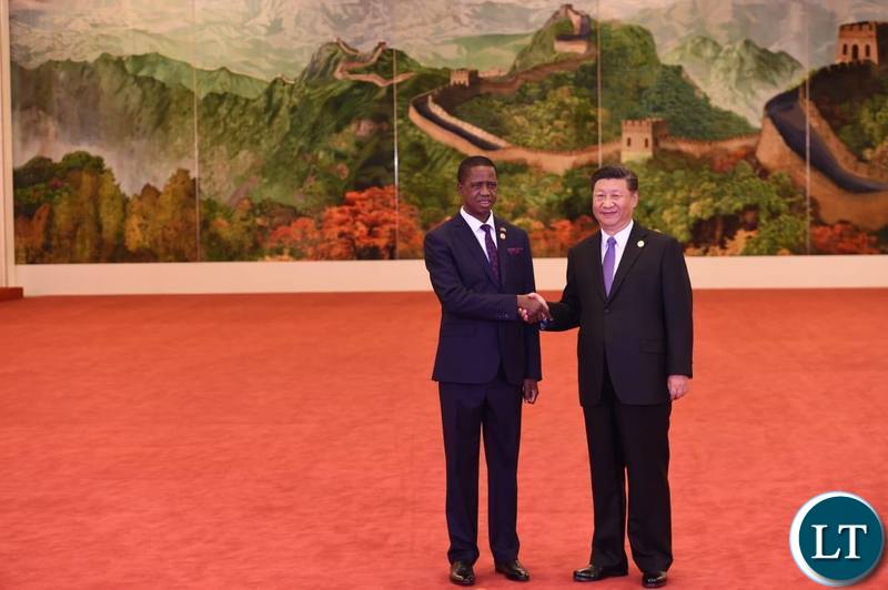 President Lungu shaking hands with Chinese president, Xi Jinping