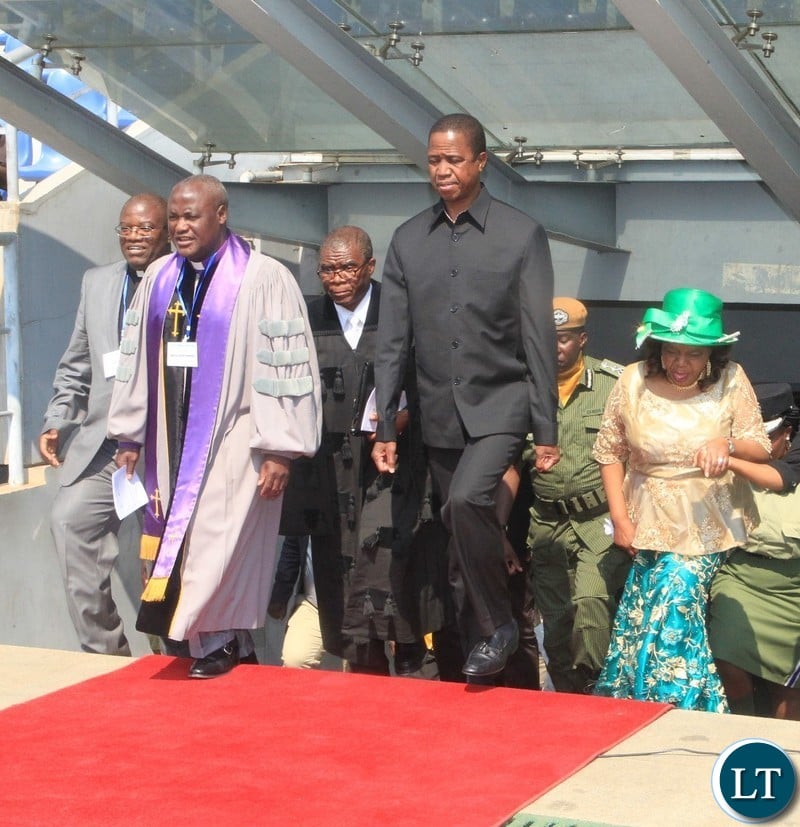 President Lungu arrives at Levy Patrick Mwanawasa Studium , accompanied by Minister Godfridah Sumaili, CCZ President Bishop Dr. Alfred Kalembo for the 70th Anniversary of the World Council of Churches (WCC).