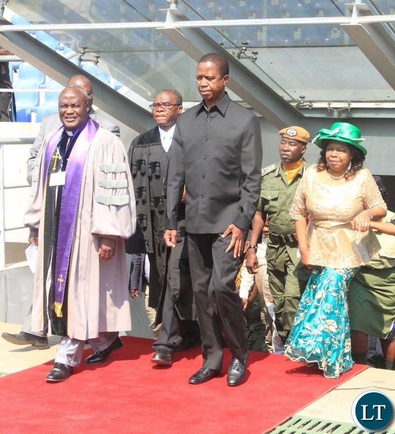 President Lungu arrives at Levy Patrick Mwanawasa Studium , accompanied by Minister Godfridah Sumaili, CCZ President Bishop Dr. Alfred Kalembo for the 70th Anniversary of the World Council of Churches (WCC).