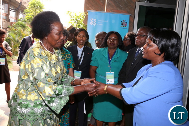 Vice-President Inonge Wina bids farewell to First Lady Esther Lungu after she officially Launched of She Trades Zambia Chapter at Mulungushi International Conference Cemtre in Lusaka on Monday, Sept 10,2018-Picture by THOMAS NSAMA