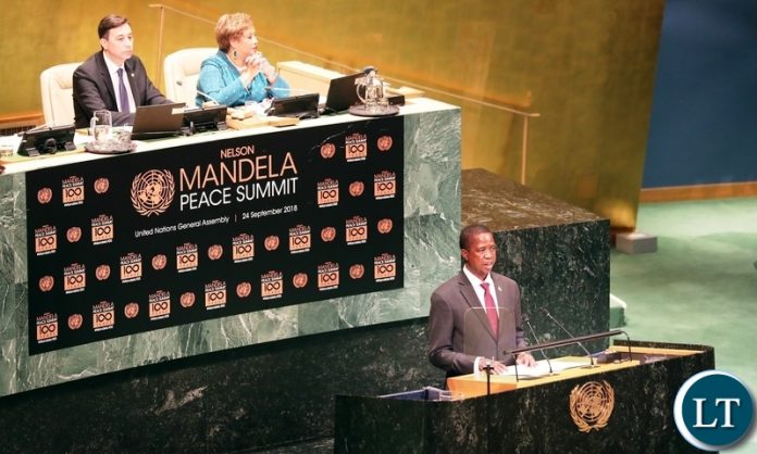 President Edgar Lungu addresses the Nelson Mandela Peace Summit Opening ceremony at the United Nations in New York on Monday, 24th September 2018 / Pictures by Eddie Mwanaleza/Statehouse President Edgar Lungu addresses the Nelson Mandela Peace Summit Opening ceremony at the United Nations in New York on Monday, 24th September 2018 / Pictures by Eddie Mwanaleza/Statehouse