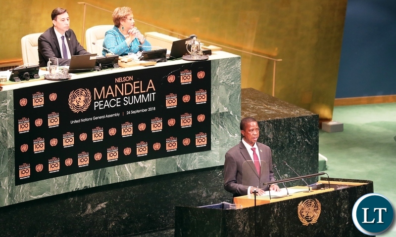President Edgar Lungu addresses the Nelson Mandela Peace Summit Opening ceremony at the United Nations in New York on Monday 24th September 2018