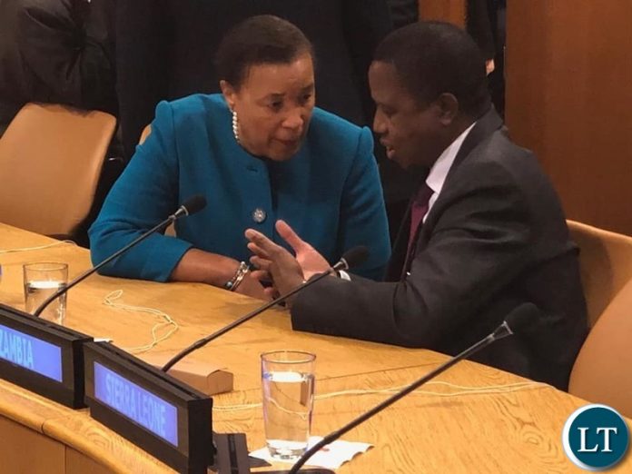 Commonwealth Secretary-General Patricia Scotland QC, calls upon President Edgar Chagwa Lungu during a High Level Event on girl-child education hosted by Canadian Prime Minister Justin Trudeau at the UN Buildings in New York. Commonwealth Secretary-General Patricia Scotland QC, calls upon President Edgar Chagwa Lungu during a High Level Event on girl-child education hosted by Canadian Prime Minister Justin Trudeau at the UN Buildings in New York.