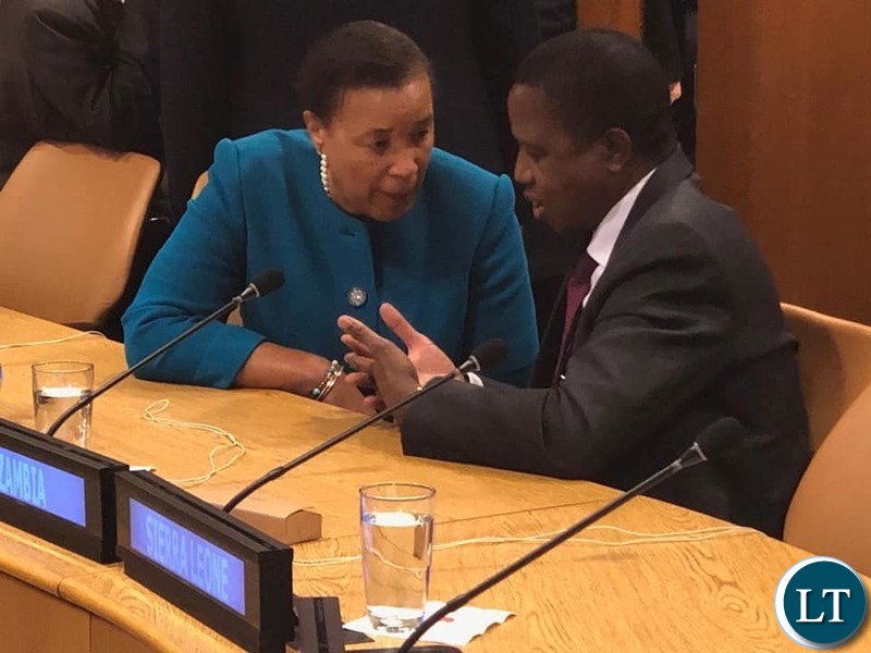 Commonwealth Secretary-General Patricia Scotland QC, calls upon President Edgar Chagwa Lungu during a High Level Event on girl-child education hosted by Canadian Prime Minister Justin Trudeau at the UN Buildings in New York.