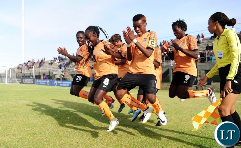 Zambia players celebrate a goal scored by Lushomo Mweemba (2) during the 2018 Cosafa Womens Championship game between Zambia and Cameroon at Wolfson Stadium in Port Elizabeth on 15 September 2018 © Ryan Wilkisky/BackpagePix