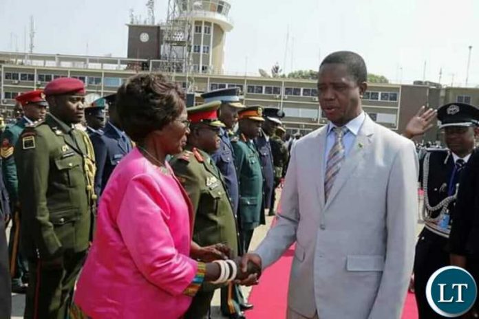 President Lungu being welcomed by Vice-President Inonge Wina at Kenneth Kaunda International Airport on arrival from New York on Saturday,September 29,2018 President Lungu being welcomed by Vice-President Inonge Wina at Kenneth Kaunda International Airport on arrival from New York on Saturday,September 29,2018