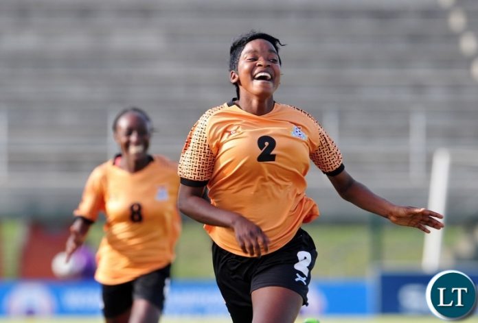Lushomo Mweemba of Zambia runs to celebrate her goal during the 2018 Cosafa Womens Championship game between Zambia and Cameroon at Wolfson Stadium in Port Elizabeth on 15 September 2018 © Ryan Wilkisky/BackpagePix