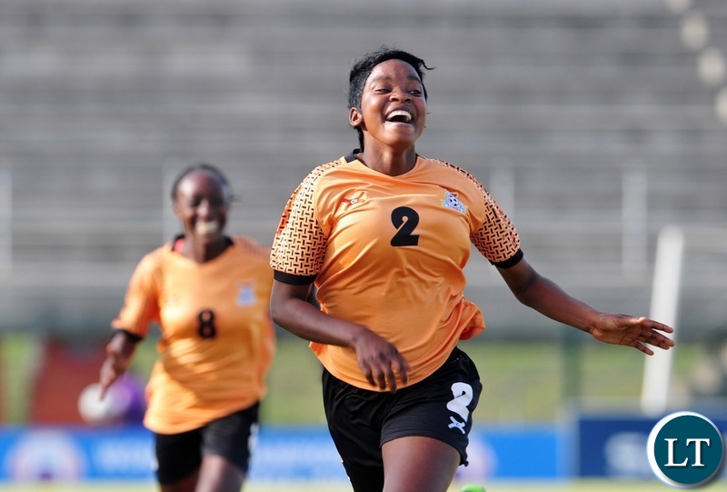 Lushomo Mweemba of Zambia runs to celebrate her goal during the 2018 Cosafa Womens Championship game between Zambia and Cameroon at Wolfson Stadium in Port Elizabeth on 15 September 2018 © Ryan Wilkisky/BackpagePix