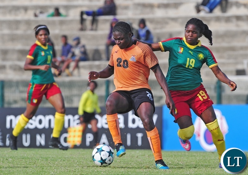 Rachel Nachula of Zambia is challenged by Michelle Maxi Angan Billong of Cameroon during the 2018 Cosafa Womens Championship game between Zambia and Cameroon at Wolfson Stadium in Port Elizabeth on 15 September 2018 © Ryan Wilkisky/BackpagePix